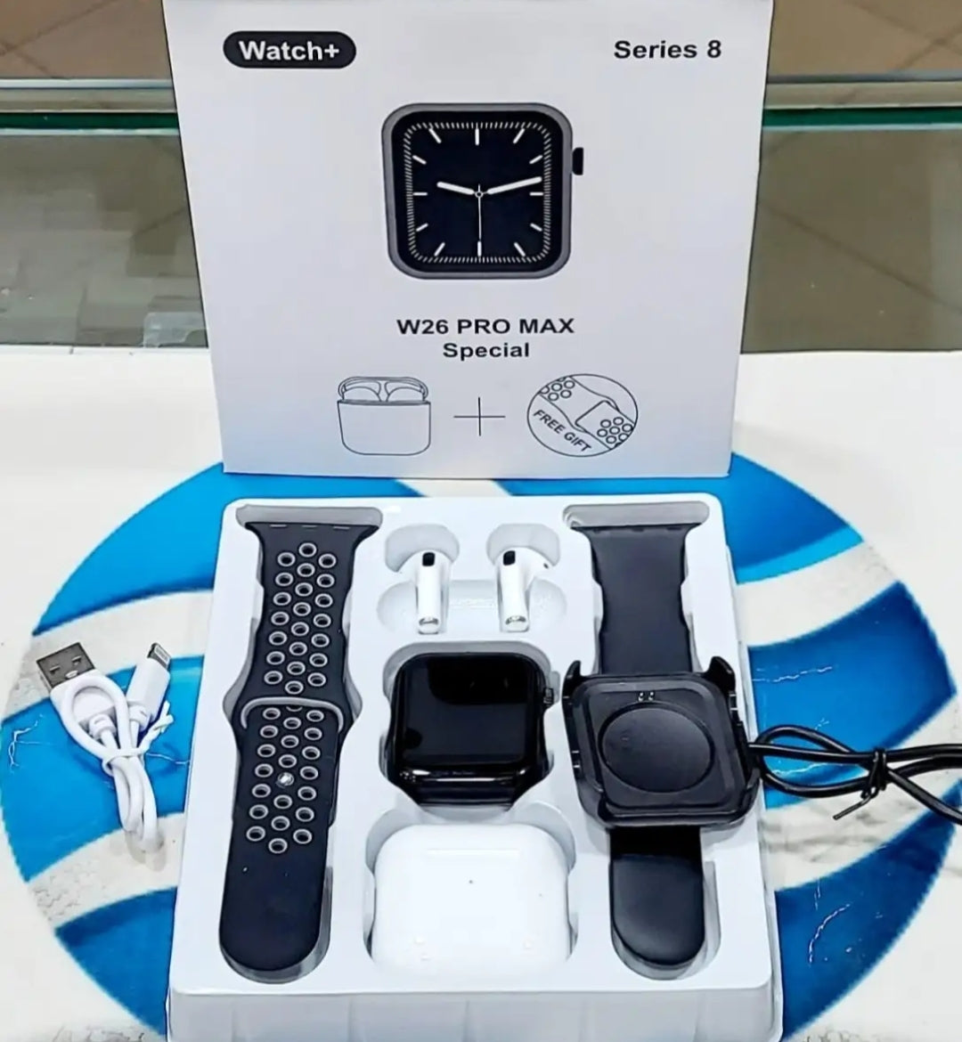 W26 Pro Max Smart Watch, Series 8 Style, Bluetooth Calling, Heart Rate Monitor, Sports Modes, Bonus Wireless Earbuds